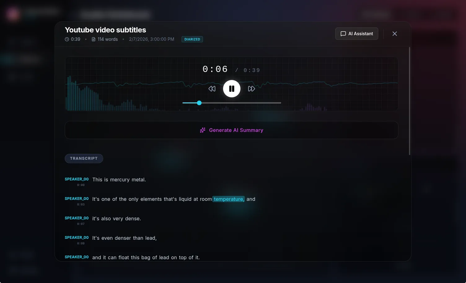Audio note with speaker-labeled transcript
