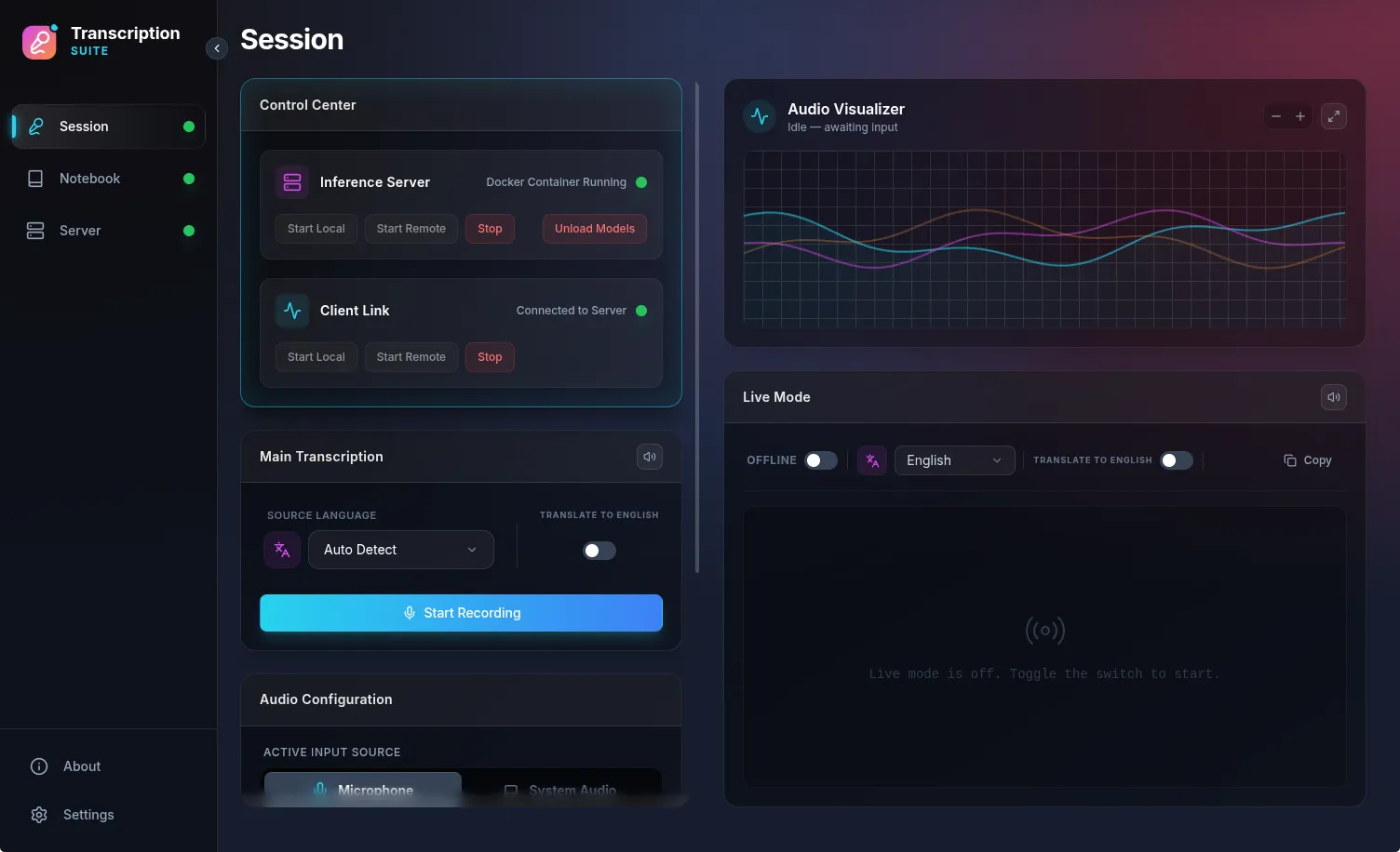 TranscriptionSuite Session view showing the main transcription interface