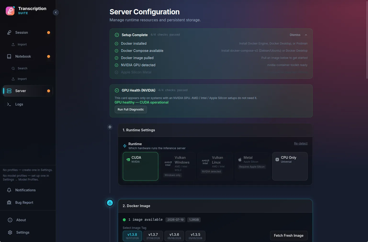 Server configuration with setup checks, runtime selection, and Docker image management