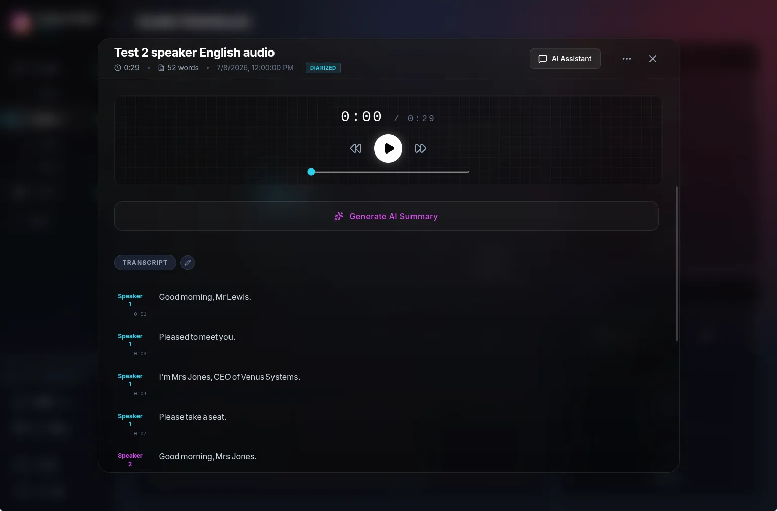 Audio note with speaker-labeled transcript, playback controls, and AI summary button